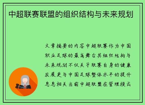 中超联赛联盟的组织结构与未来规划